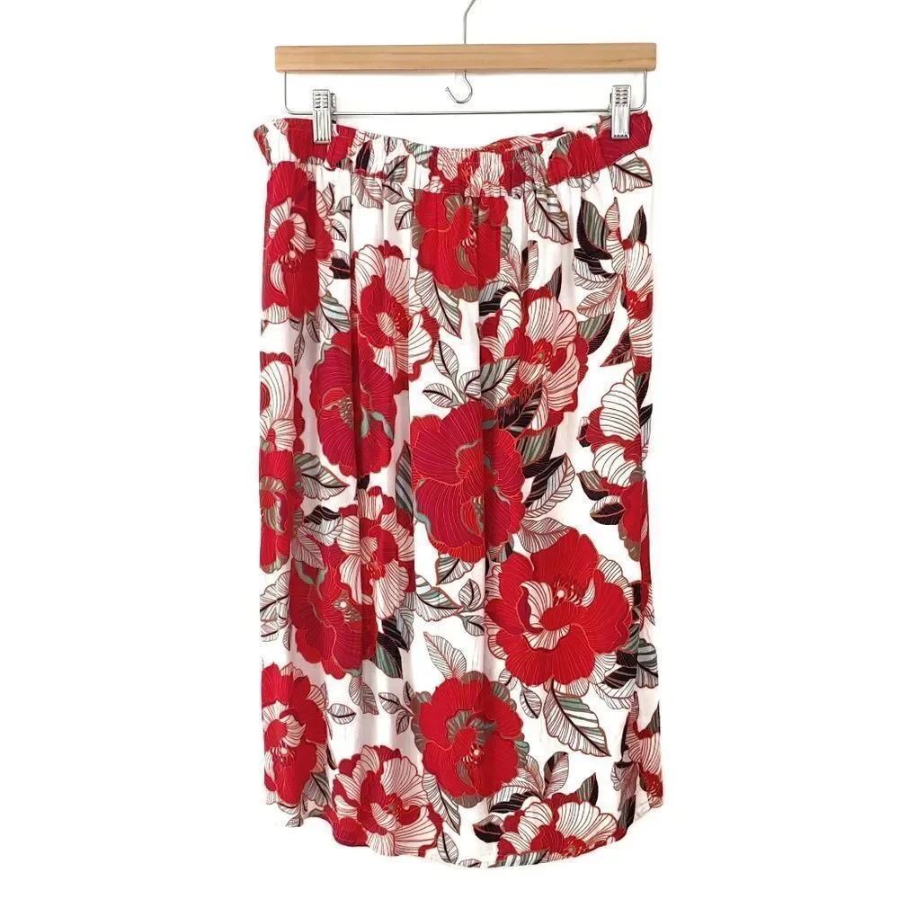 Cupcakes & Cashmere Side Slit Floral Red White Black Skirt Medium